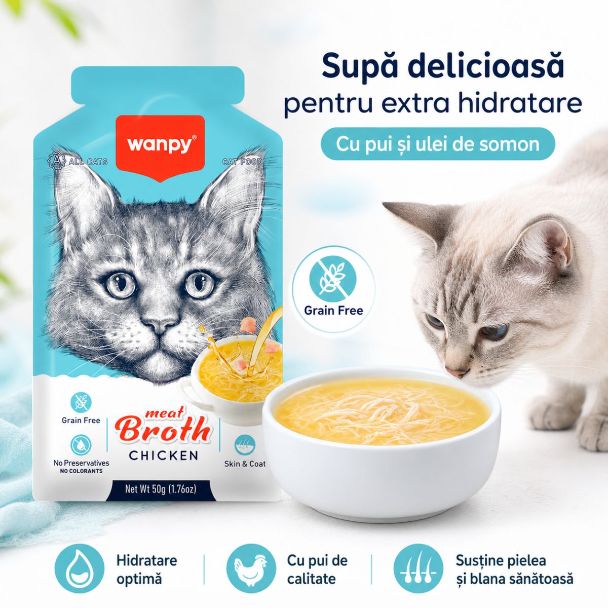 WANPY Meat Broth, Pui, plic hrană umedă pisici, (supă), 50g